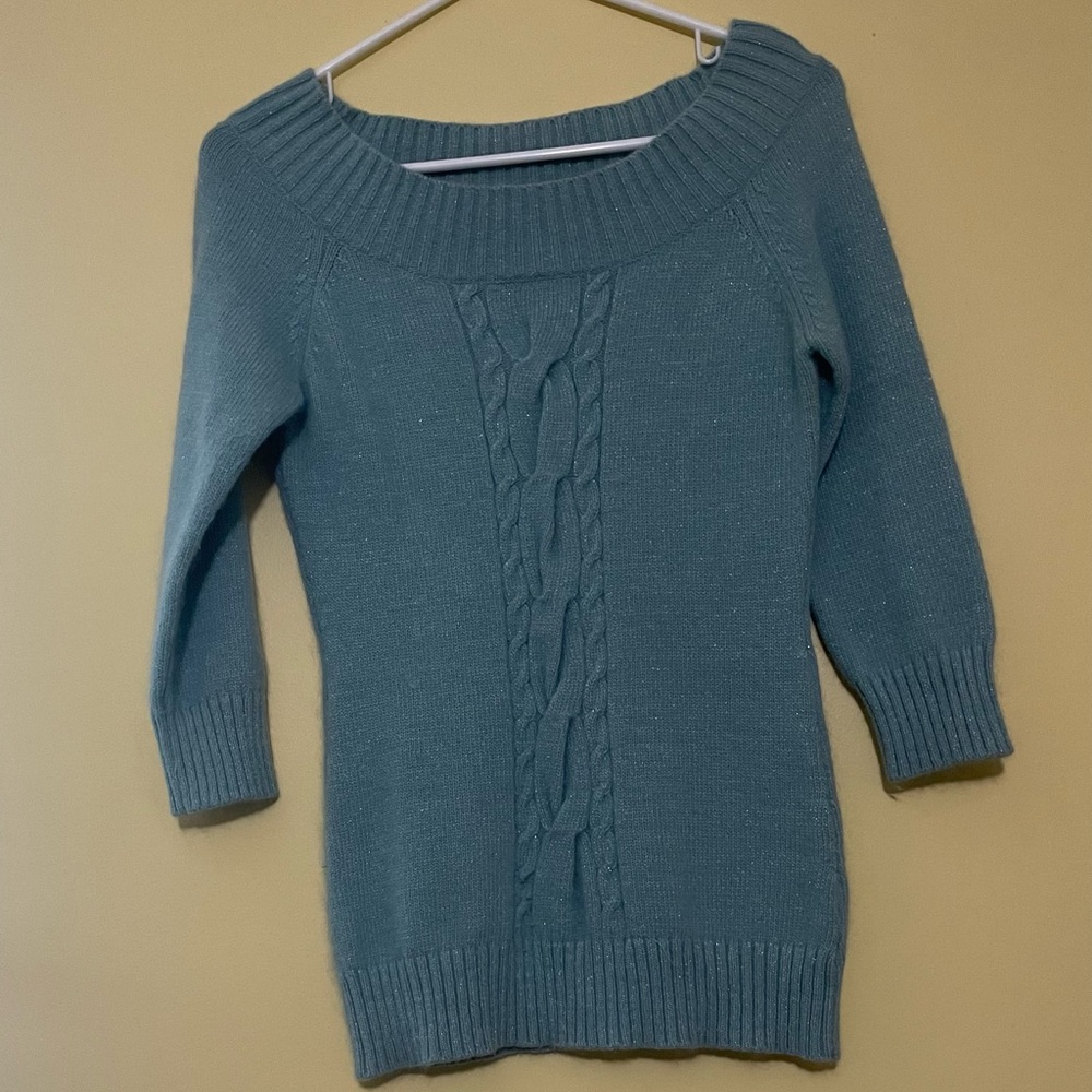 Arden B Women's Teal Shimmer Cable Knit Sweater